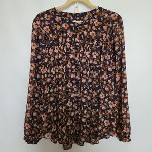 LOFT FLORAL BLOUSE WOMENS LONG SLEEVE FLOWY LIGHTWEIGHT BLK BRN TAN SIZE XL